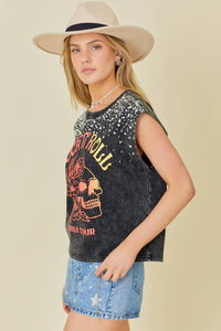 Graphic Print Rhinestone with Pearl Trim Top