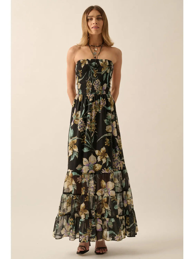 Floral Chiffon Smocked open-Back Maxi Dress