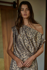 Woven Satin Animal Print Off The Shoulder Top