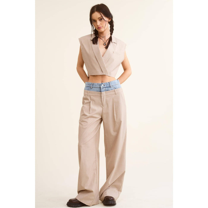 Denim Waistband Contrast Wide Leg Pants