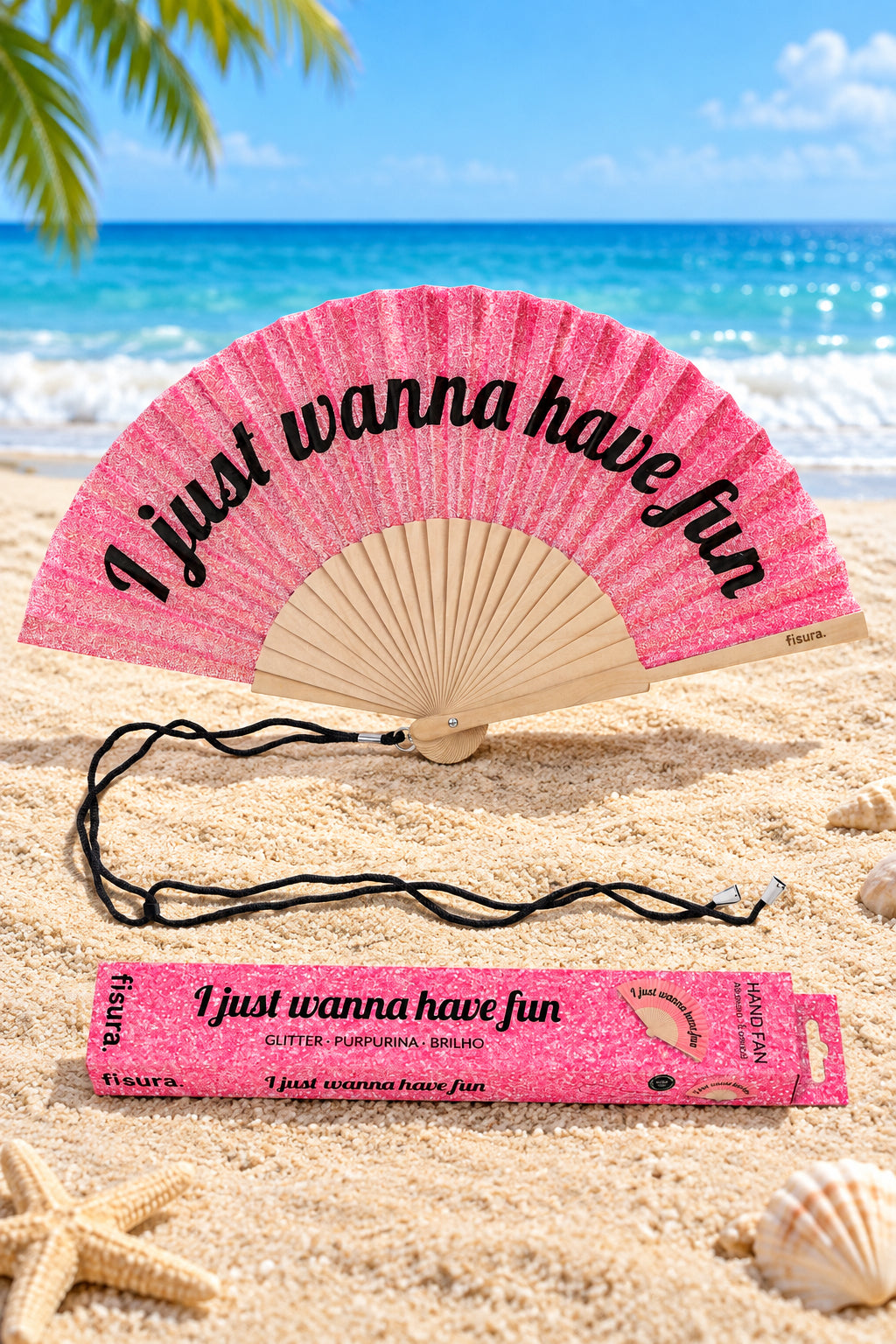 Hand Fan "I Just Wanna Have Fun" Pink Glitter