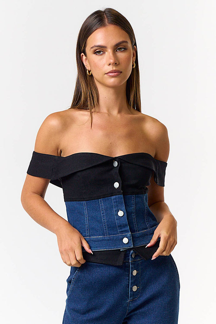 Foldover Contrast Off Shoulder Stretch Denim Top