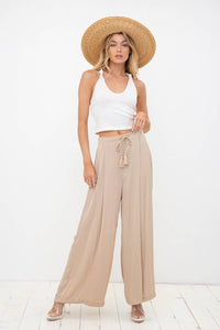 Satin Pleated Wide Leg Tassel Tie Pants