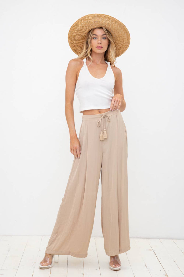 Satin Pleated Wide Leg Tassel Tie Pants