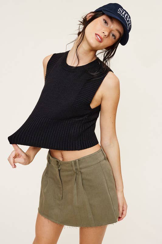 CREW NECK STRETCHY SOLID RIBBED KNIT CROPPED TANK TOP