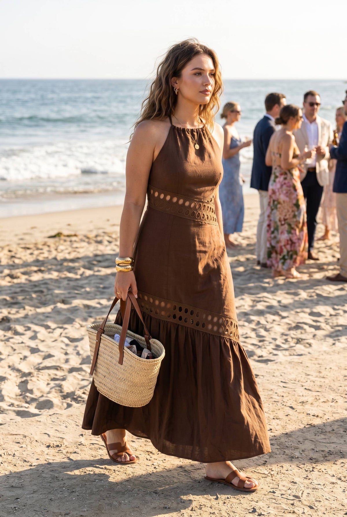 Cutwork Lace Trimmed Maxi Dress W/Halter Neckline