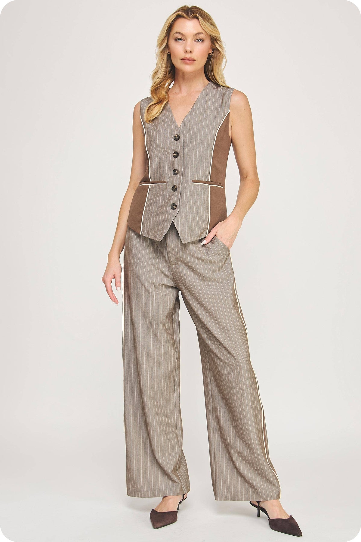 Double Waist Pinstripe Piping Trouser