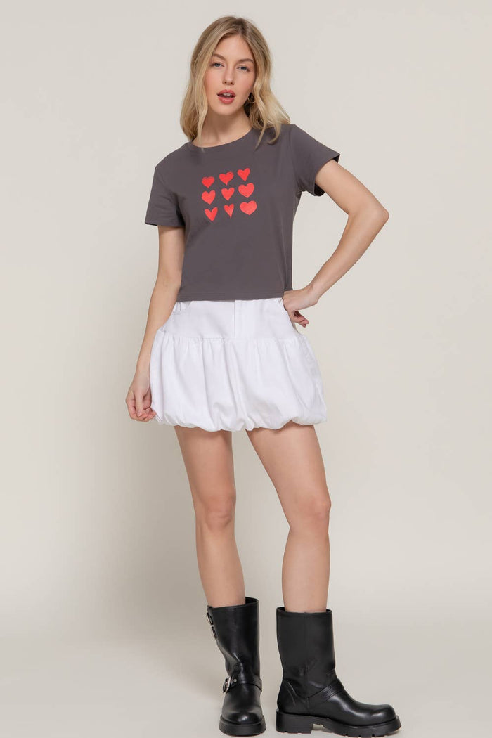 Short Sleeve Crew Neck Heart Printed Knit Tee