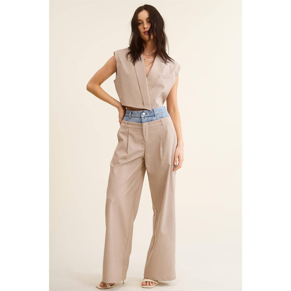 Denim Waistband Contrast Wide Leg Pants