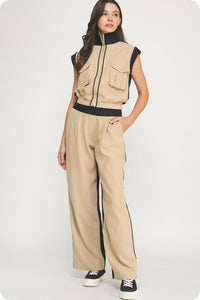 Contrast Waist Band Color Block Wide Leg Pants