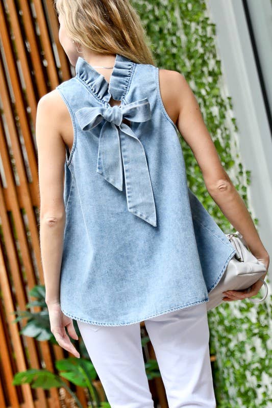 Denim Ruffle Neck W/Hi Low Front Back