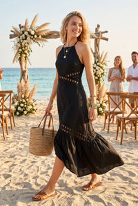 Cutwork Lace Trimmed Maxi Dress W/Halter Neckline