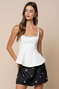 Jeweled Trim Square Neckline Sleeveless Peplum Top