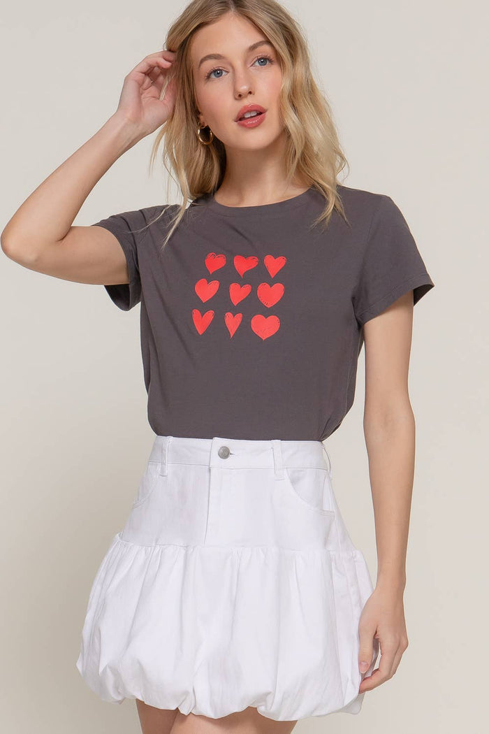 Short Sleeve Crew Neck Heart Printed Knit Tee