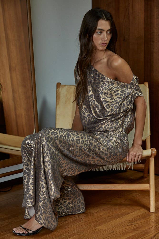 Woven Satin Animal Print Off The Shoulder Top