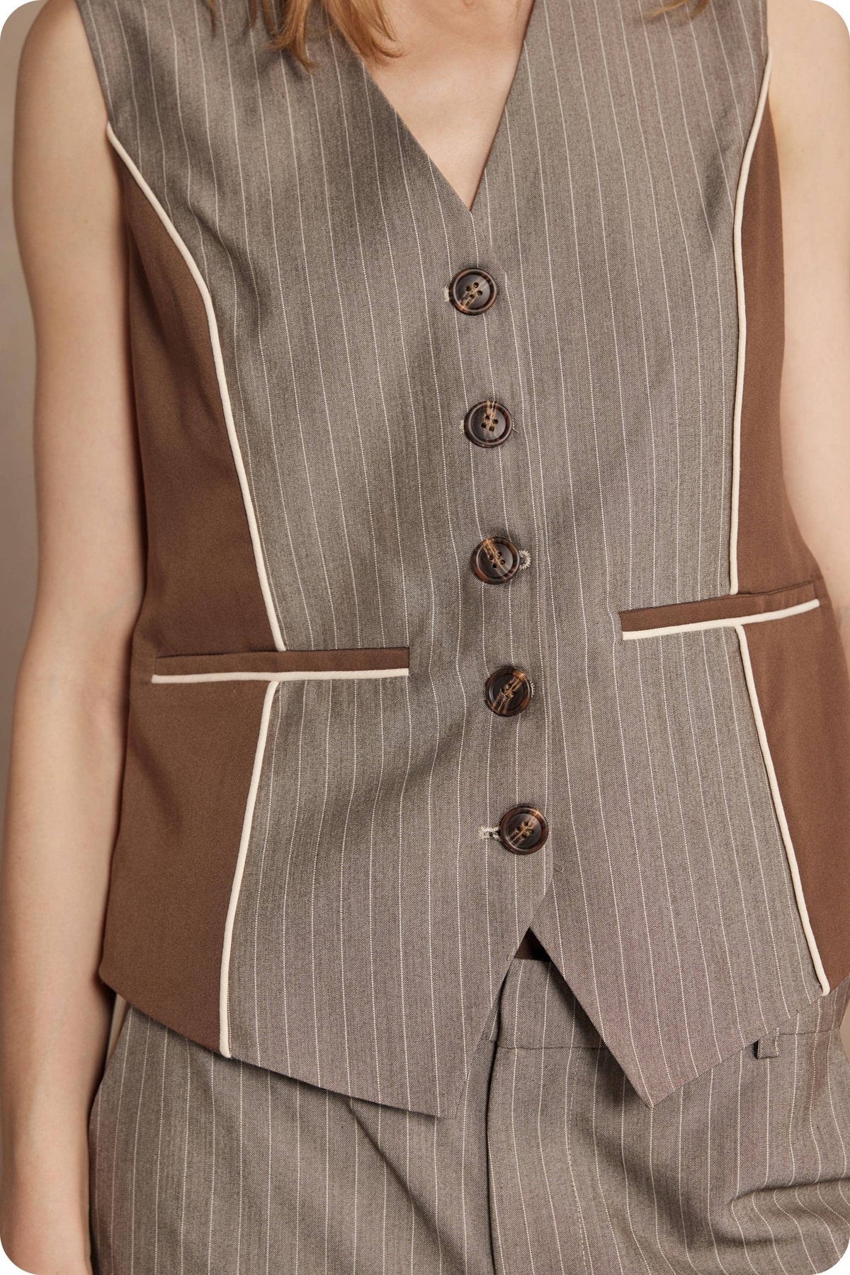 Pinstripe Mixed Media Piping Vest Top