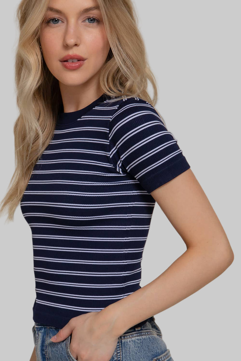 Short Sleeve Crew Neck Striped Seamless Top
