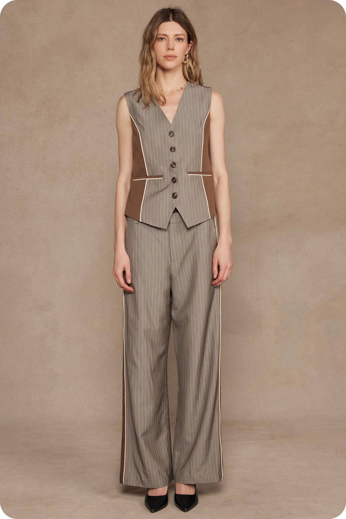Pinstripe Mixed Media Piping Vest Top