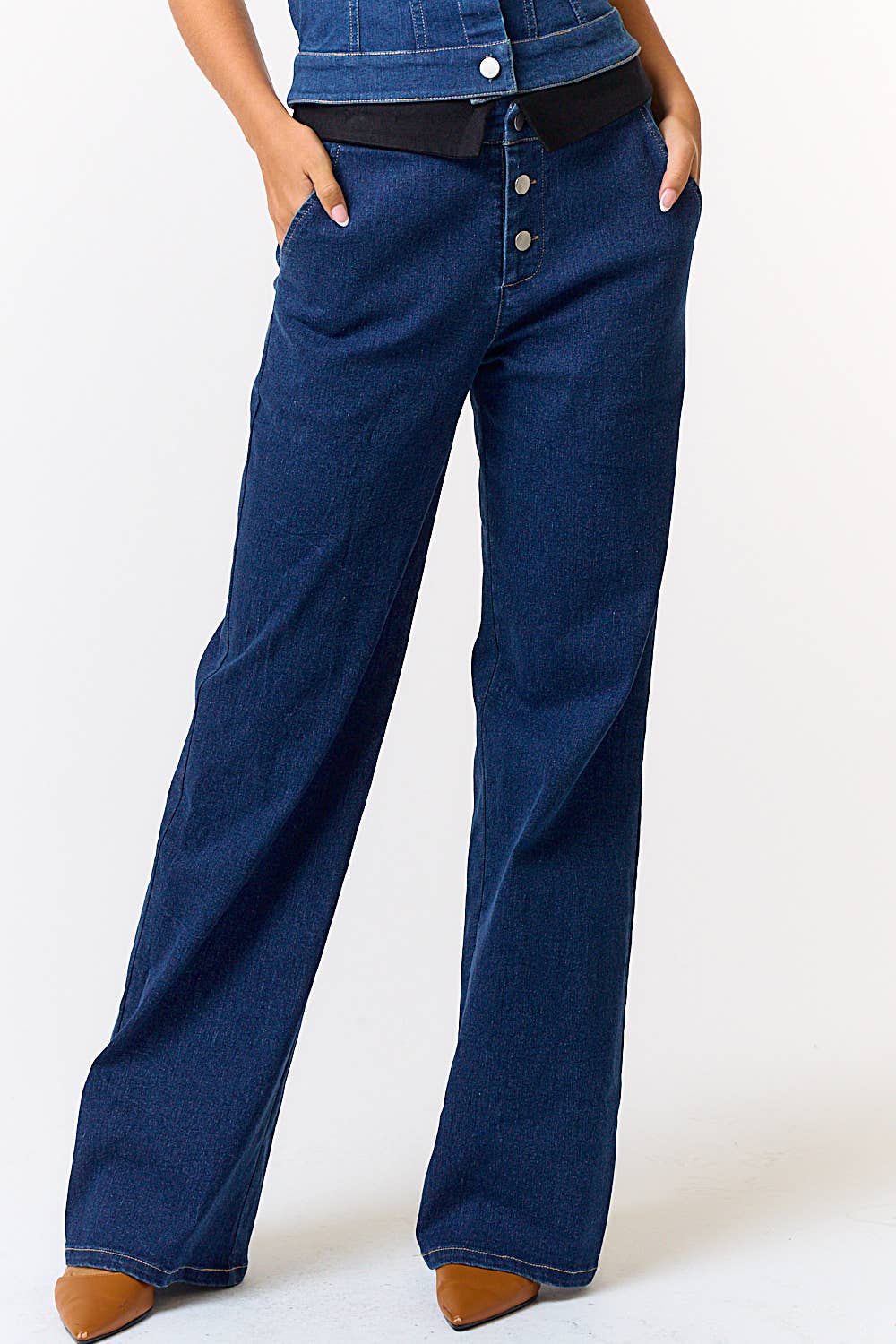 Foldover Contrast Waist Button Up Denim Pants