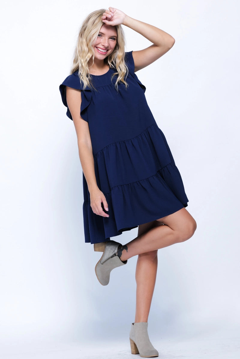 Round Neck Short Sleeve Babydoll Dress with Pocket