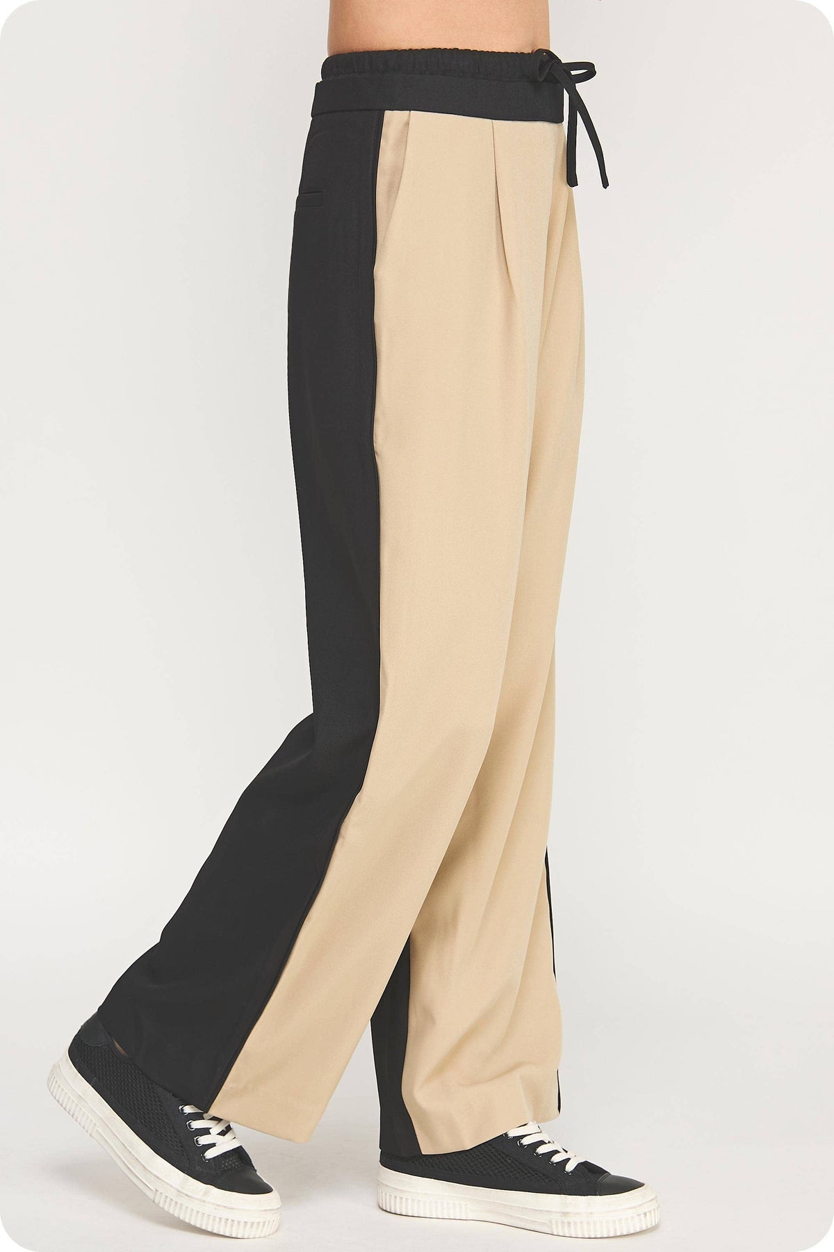 Contrast Waist Band Color Block Wide Leg Pants