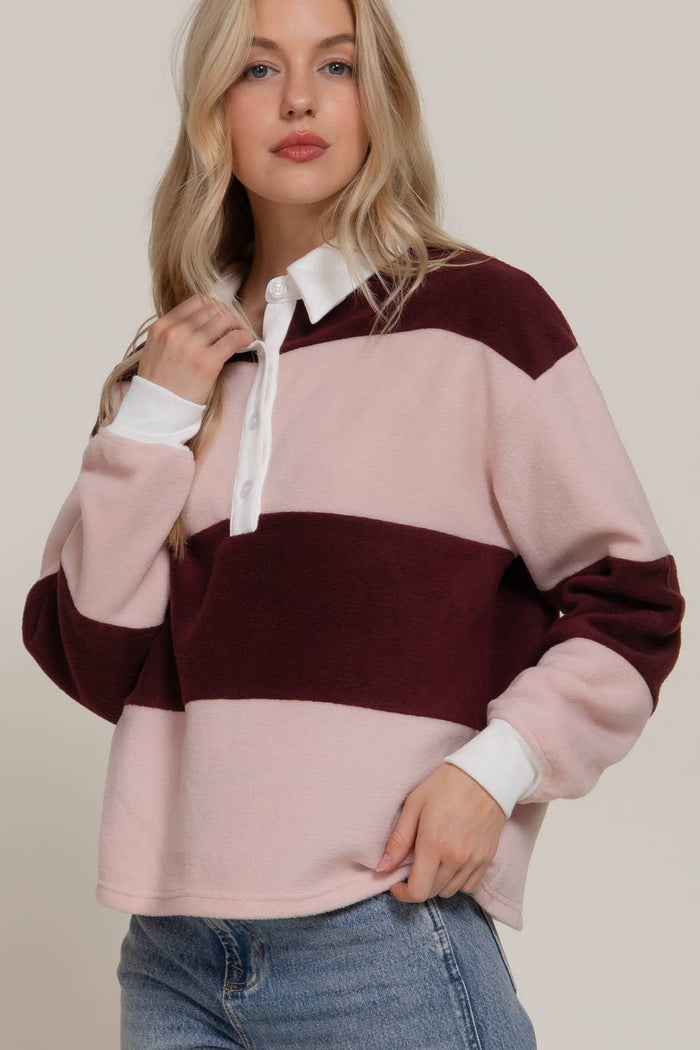 Long Sleeve Rugby Stripe Fleece Polo Top