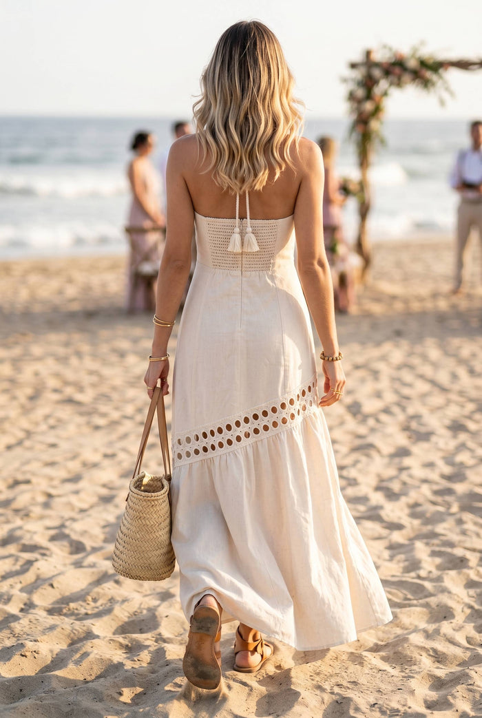 Cutwork Lace Trimmed Maxi Dress W/Halter Neckline