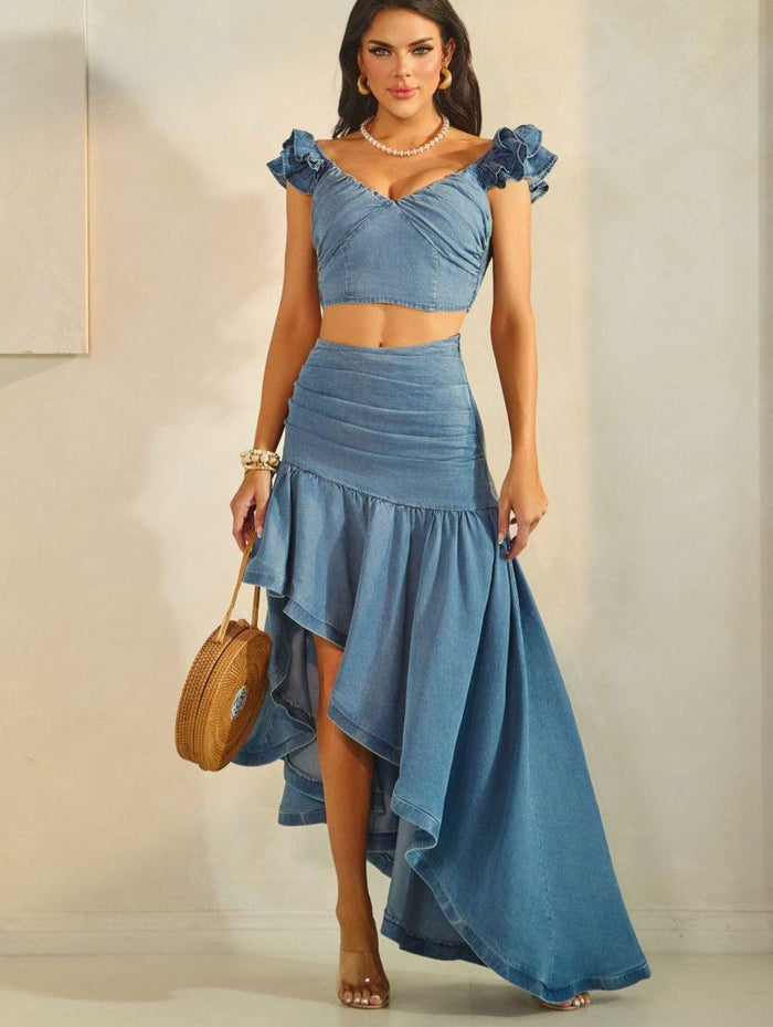 Denim Cropped Top & Ruffle Skirt