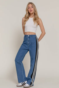 Side Contrast Straight Fit Denim Pants