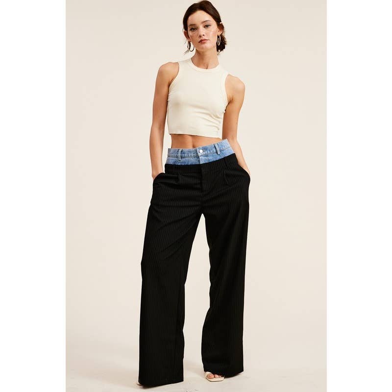 Denim Waistband Contrast Wide Leg Pants