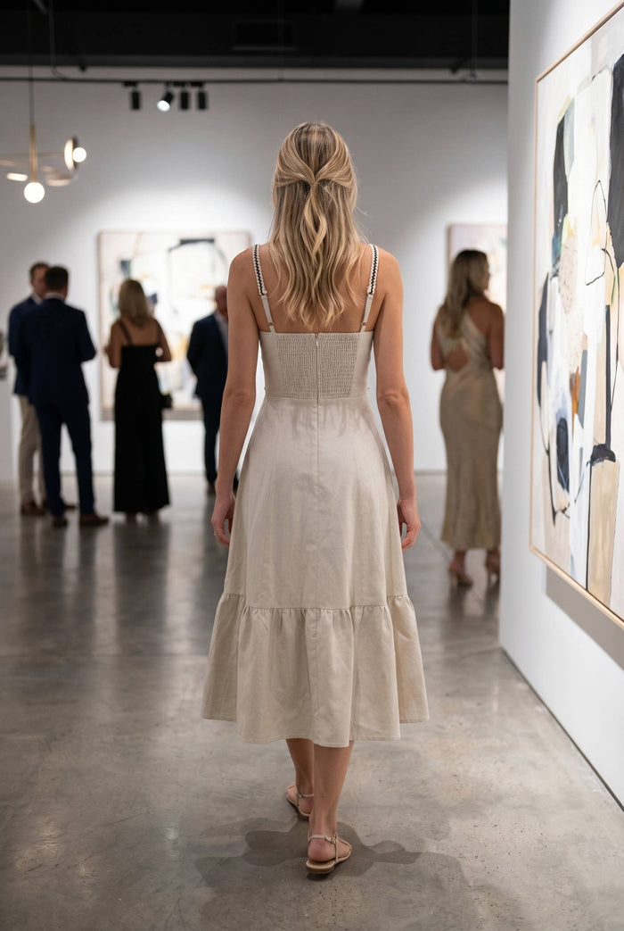 Cotton Linen Midi Dress With Trim Tape Detail