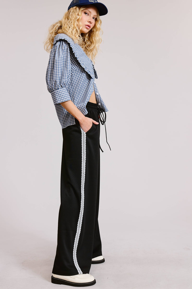 Lace Trim Wide Leg Track Pants with Drawstring Waist
