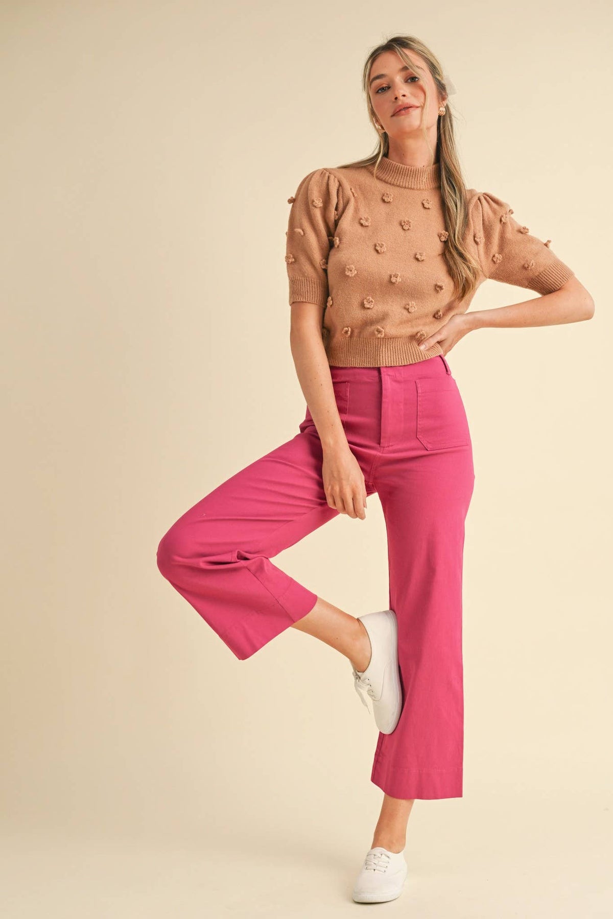 3D Floral Knit Short Sleeve Sweater