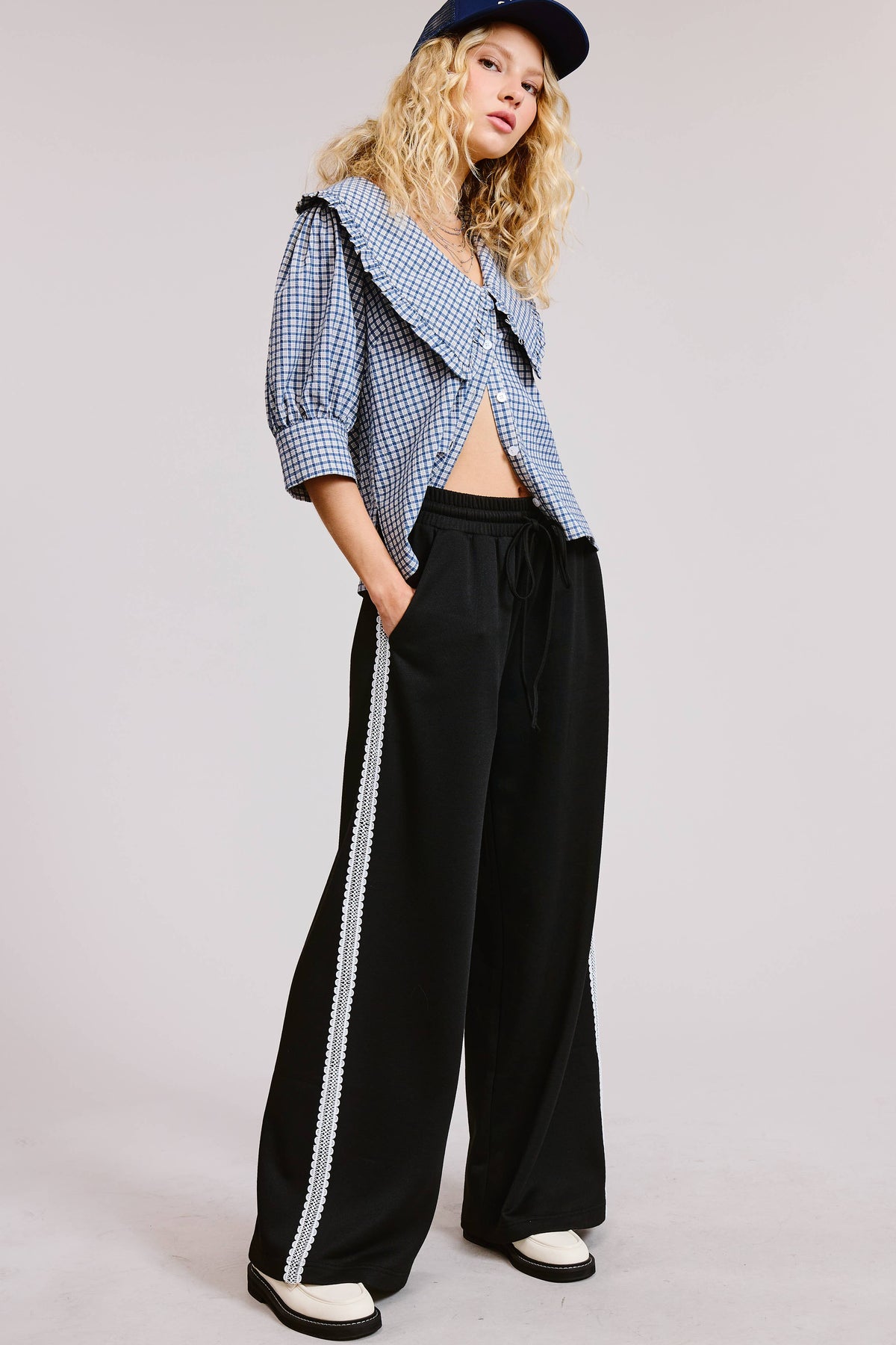 Lace Trim Wide Leg Track Pants with Drawstring Waist