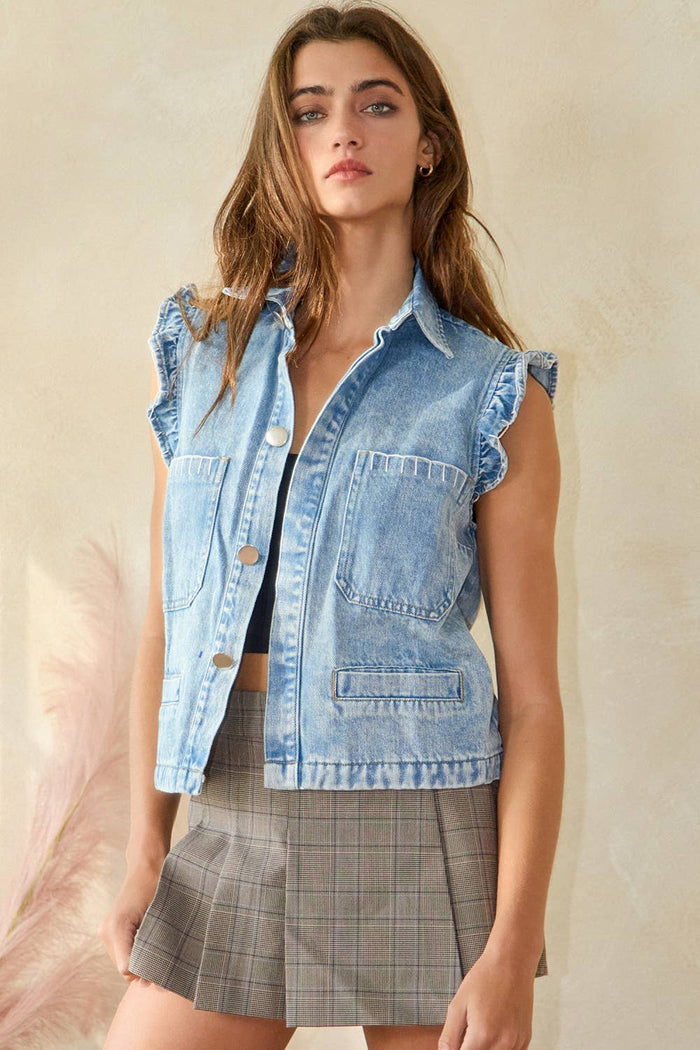 Ruffle-Adorned Denim Vest