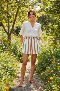 Striped Elastic Waist Boho Linen Shorts