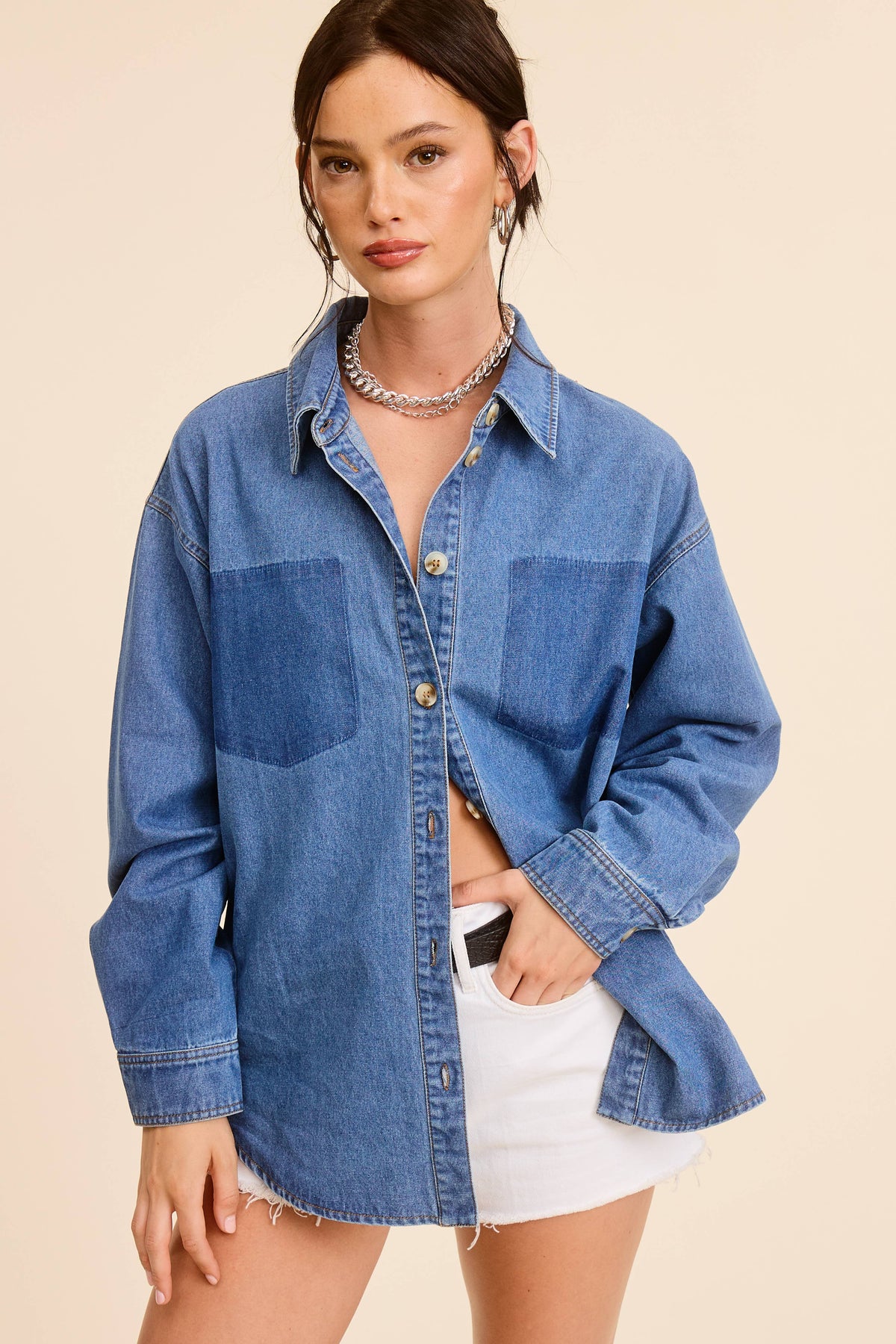 Buttoned Denim Shirt with Contrast Pocket Detail