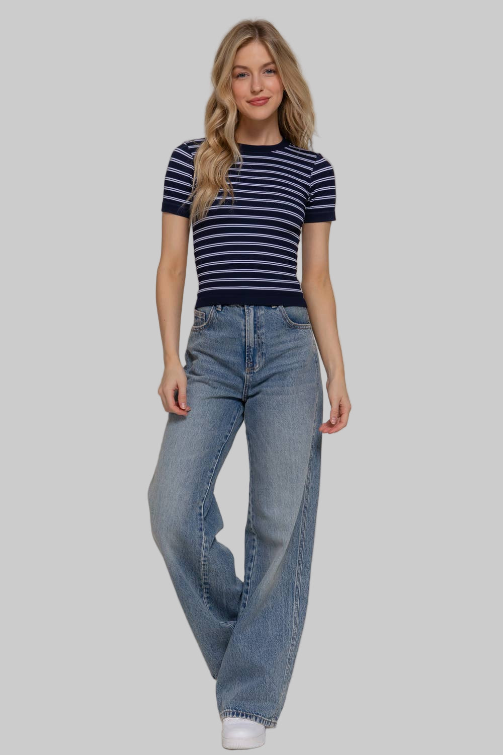 Short Sleeve Crew Neck Striped Seamless Top