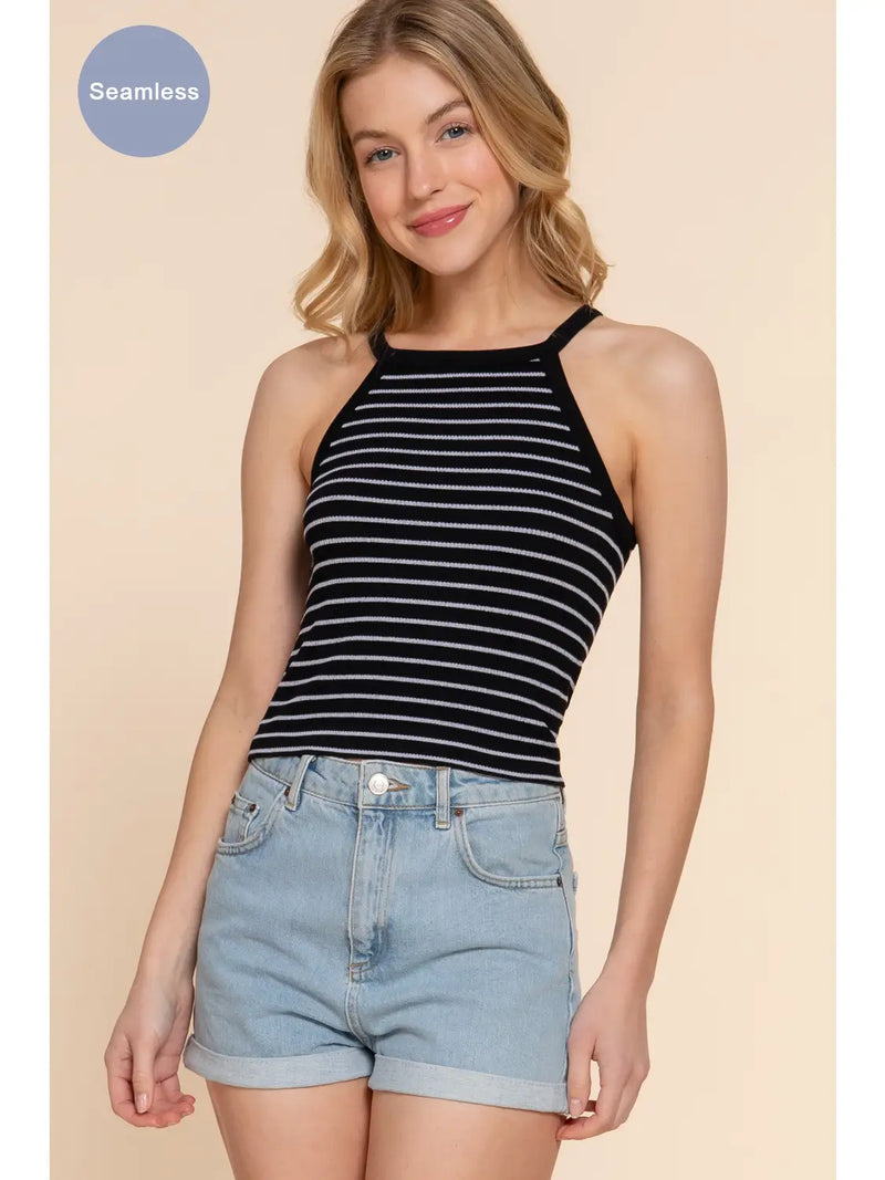 FITTED HALTER NECK STRIPE SEAMLESS RIB TOP