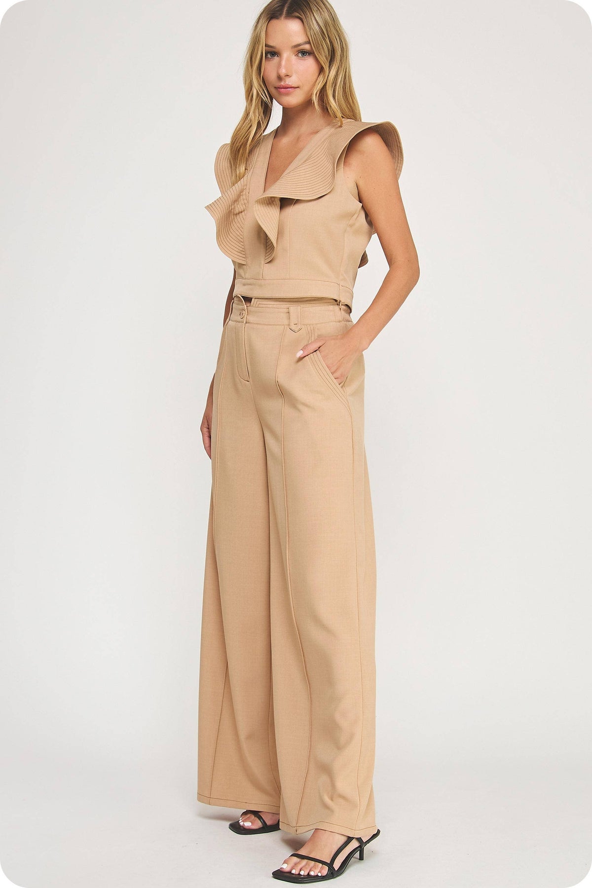 Top Stitch Detail Wide Leg Trousers