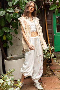 Oversized Sleeveless crochet lace floral patch Denim Vest