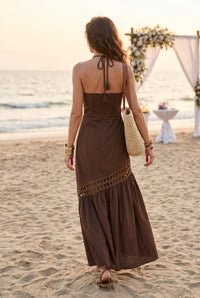 Cutwork Lace Trimmed Maxi Dress W/Halter Neckline