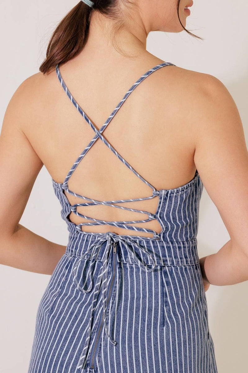A washed striped denim jumpsuit