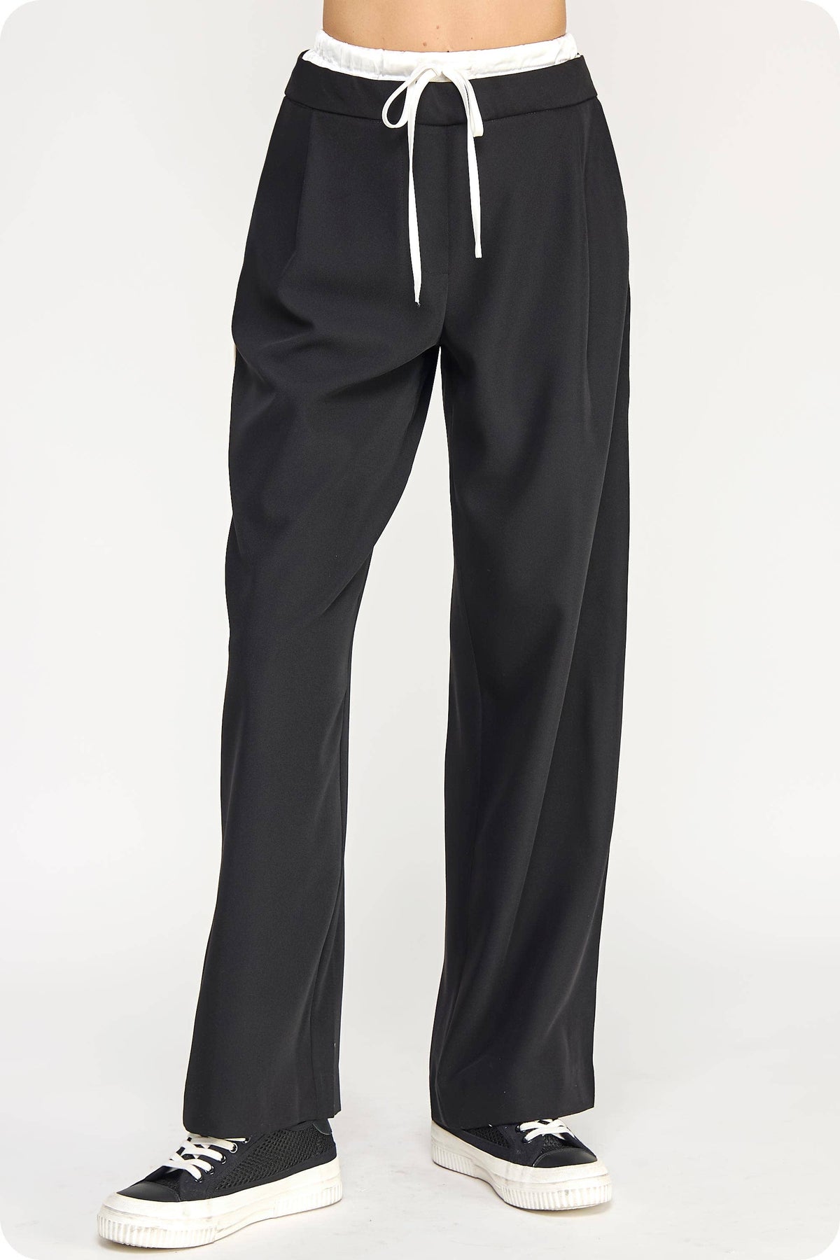 Piping Detail Satin Waistband Contrast Wide Leg Pants