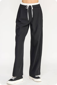 Piping Detail Satin Waistband Contrast Wide Leg Pants