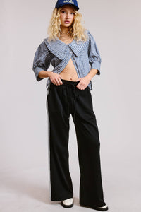 Lace Trim Wide Leg Track Pants with Drawstring Waist