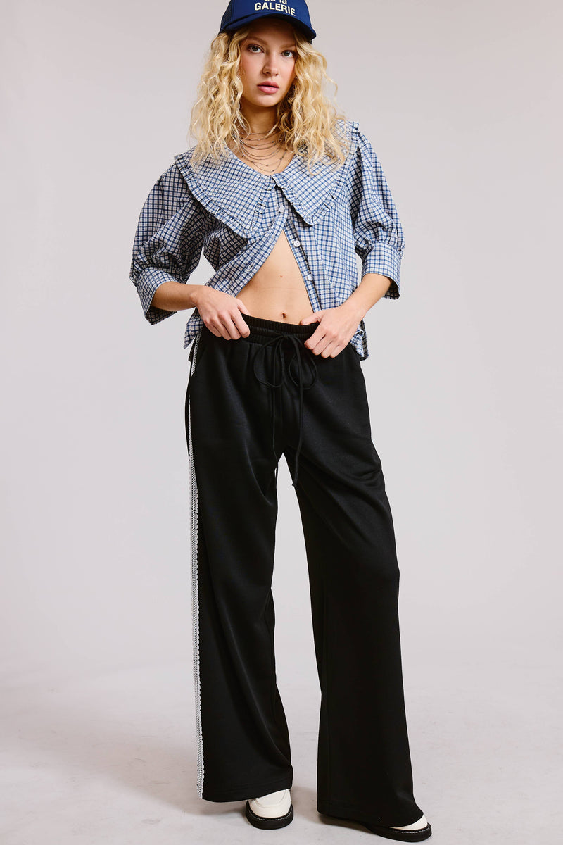 Lace Trim Wide Leg Track Pants with Drawstring Waist