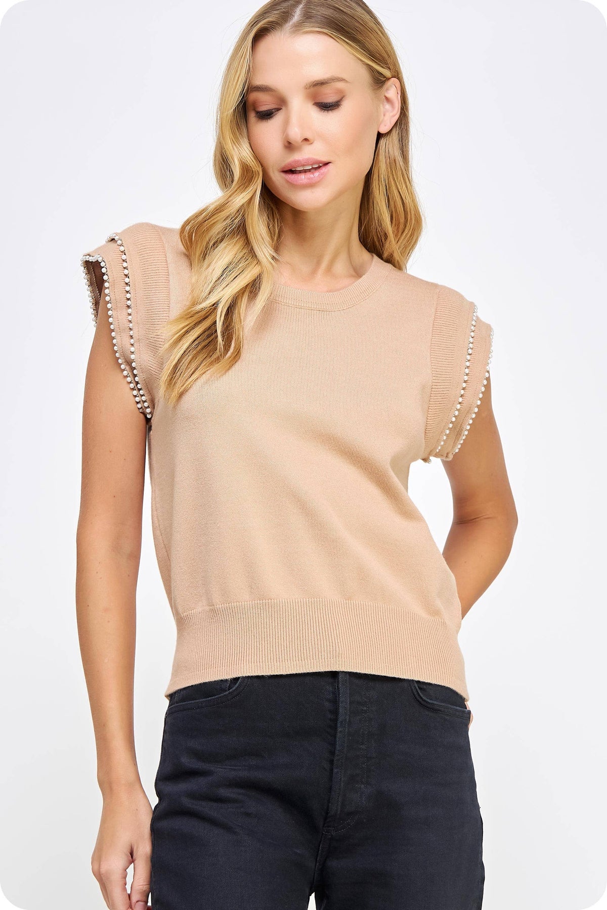 Pearl Trim Sleeveless Knit Sweater Top