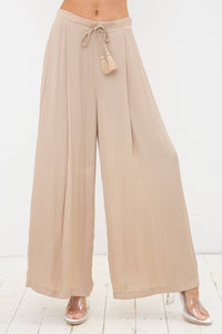 Satin Pleated Wide Leg Tassel Tie Pants