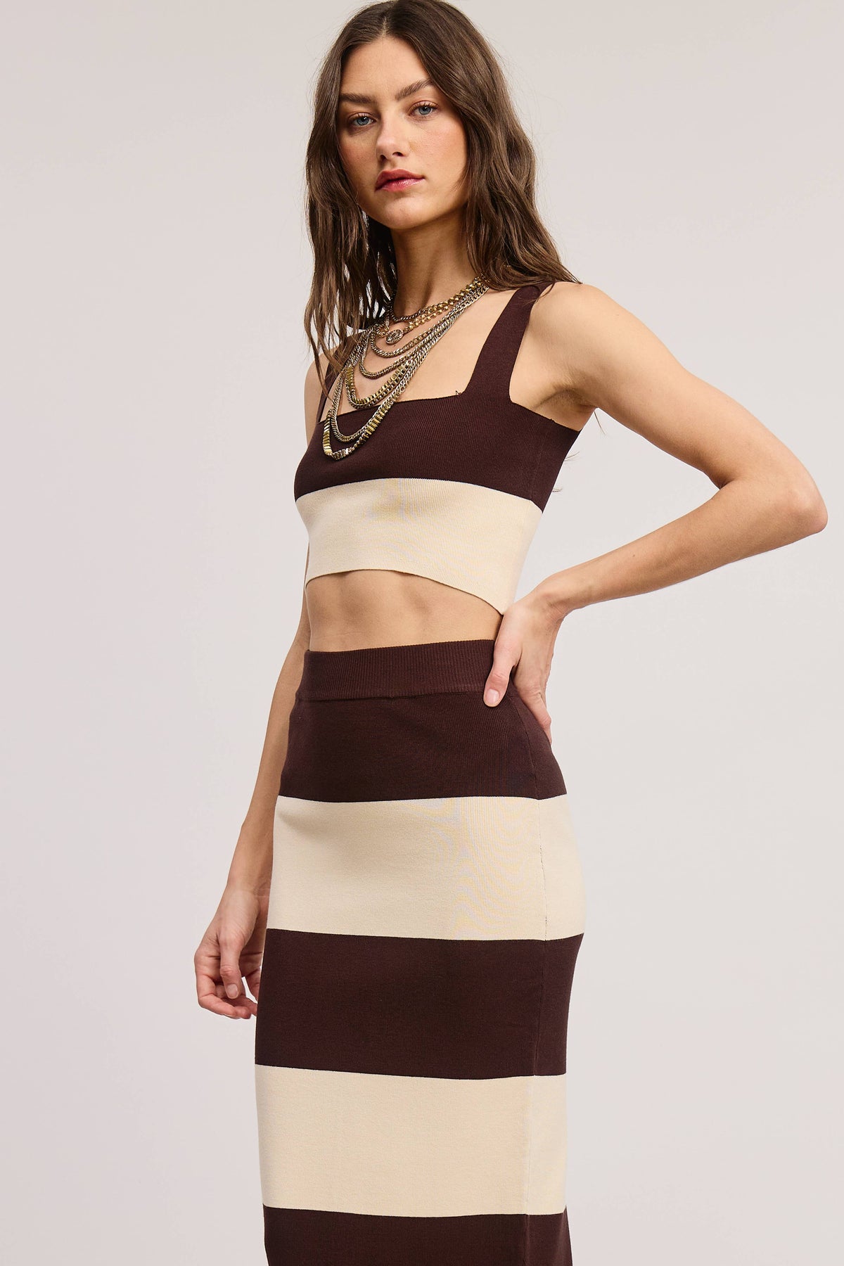 Stripe Color Block Knit Tank Top and Maxi Skirt Matching Set